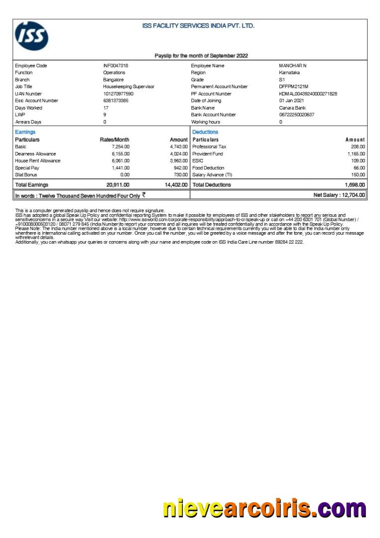 ISS facility services India payslip